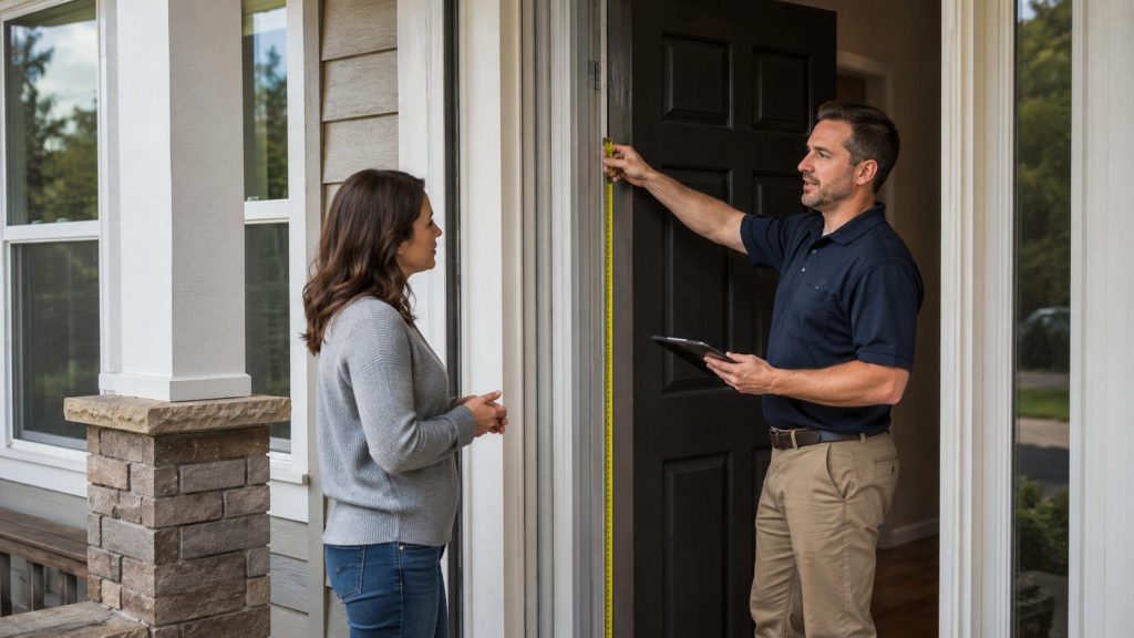 Homeowner speaking with a front door specialist during an entry door inspection